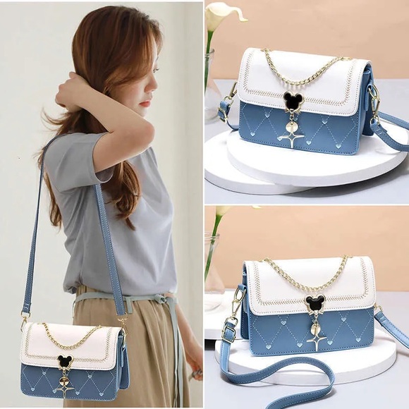 Blue and White Chain Strap Women's Crossbody Shoulder Bag, Adjustable Strap - Picture 4 of 10